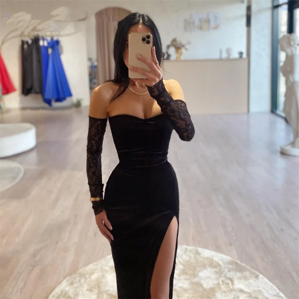 Sexy Side Split Charming Black Prom Dresses Velour Mermaid Formal Gowns Lace Sweetheart Evening Dress Vestidos De Noche 2024