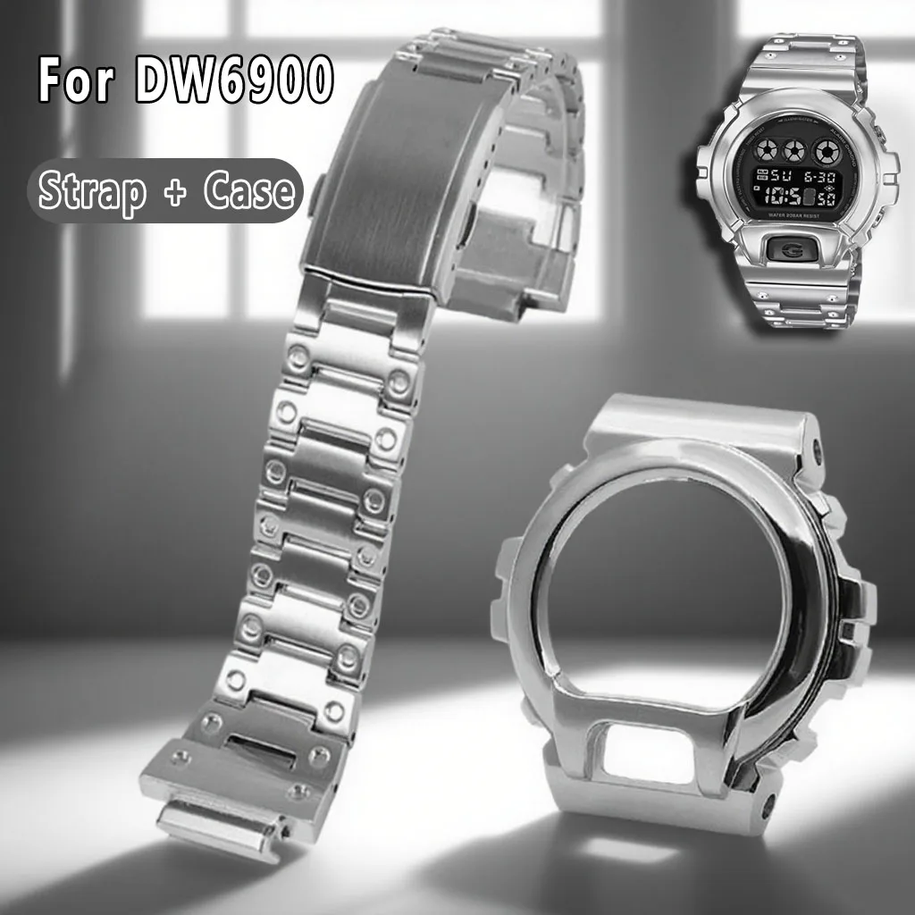 For Casio Metal Case Watch Strap DW-6900 Modified Stainless Steel Case with Diamond Inlaid Men Case DW6900 Watchband Accessories