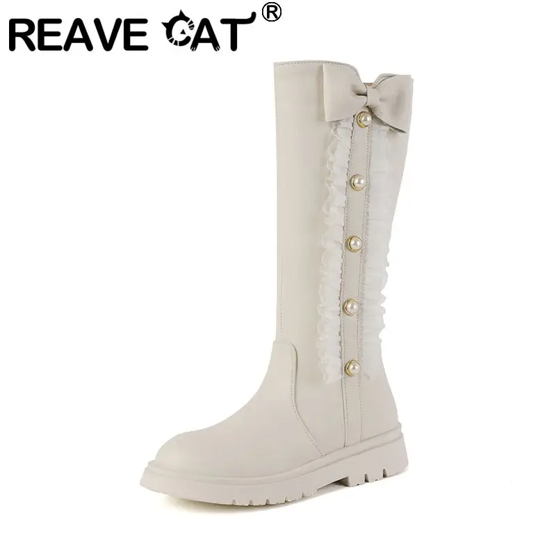 

REAVE CAT2025 Сапоги до середины икры на плоской подошве с круглым носком и узлом-бабочкой, маленький размер 31, 32, 33, осень