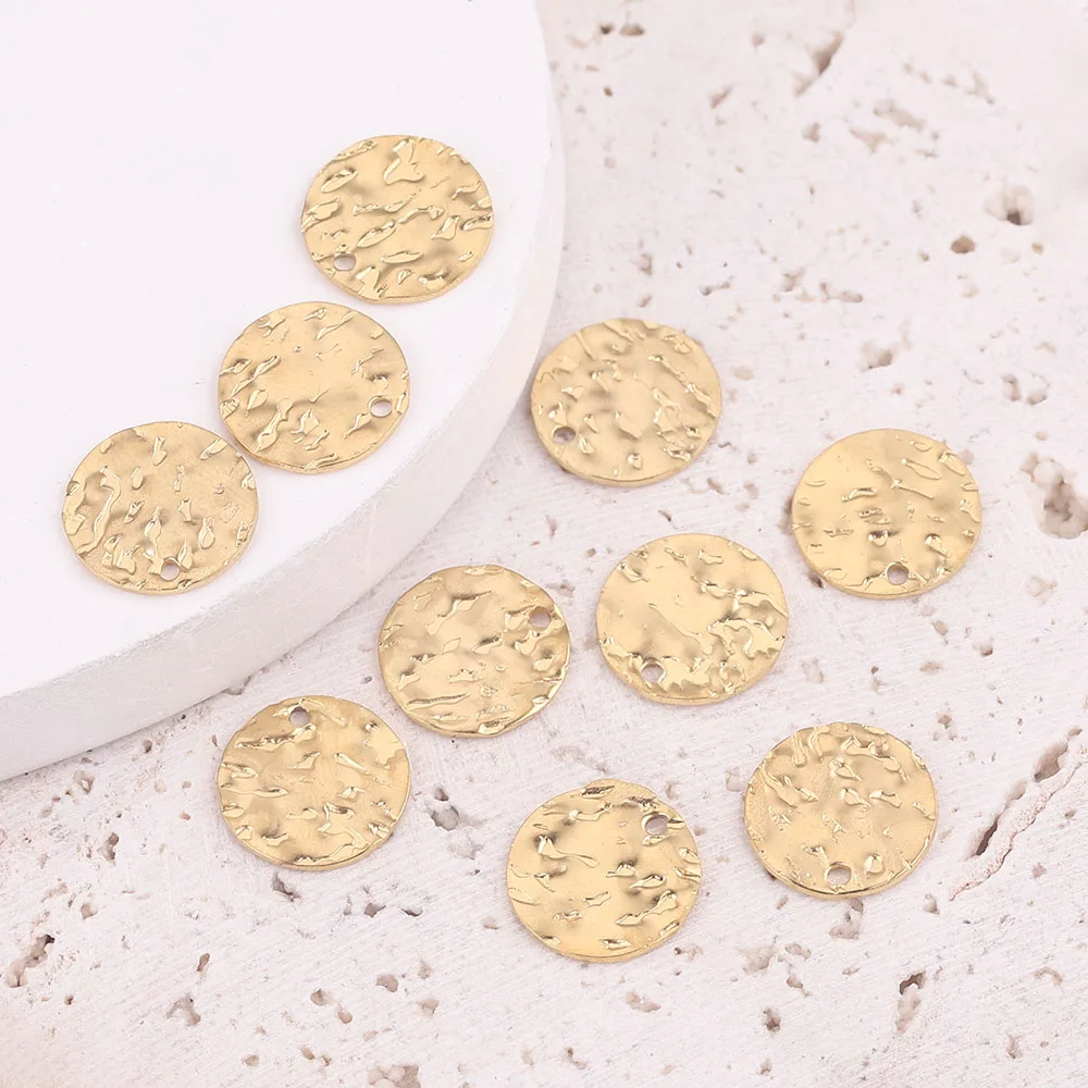 20pcs Gold-Plate Round Charms Stainless Steel Tags Texture 8/10/12mm Blank Coin Beads for DIY Necklace Jewelry Making Material