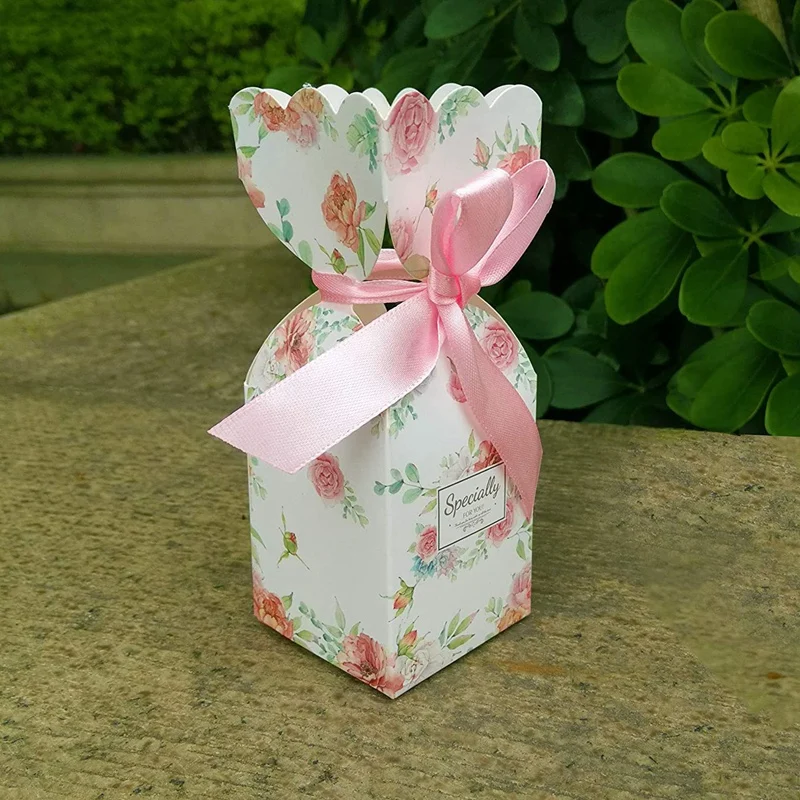 50 Pcs Floral Pattern Candy Boxes Wedding Bridal Shower Baby Birthday Party Favor Gift Box With 50Pcs Light Pink Ribbon