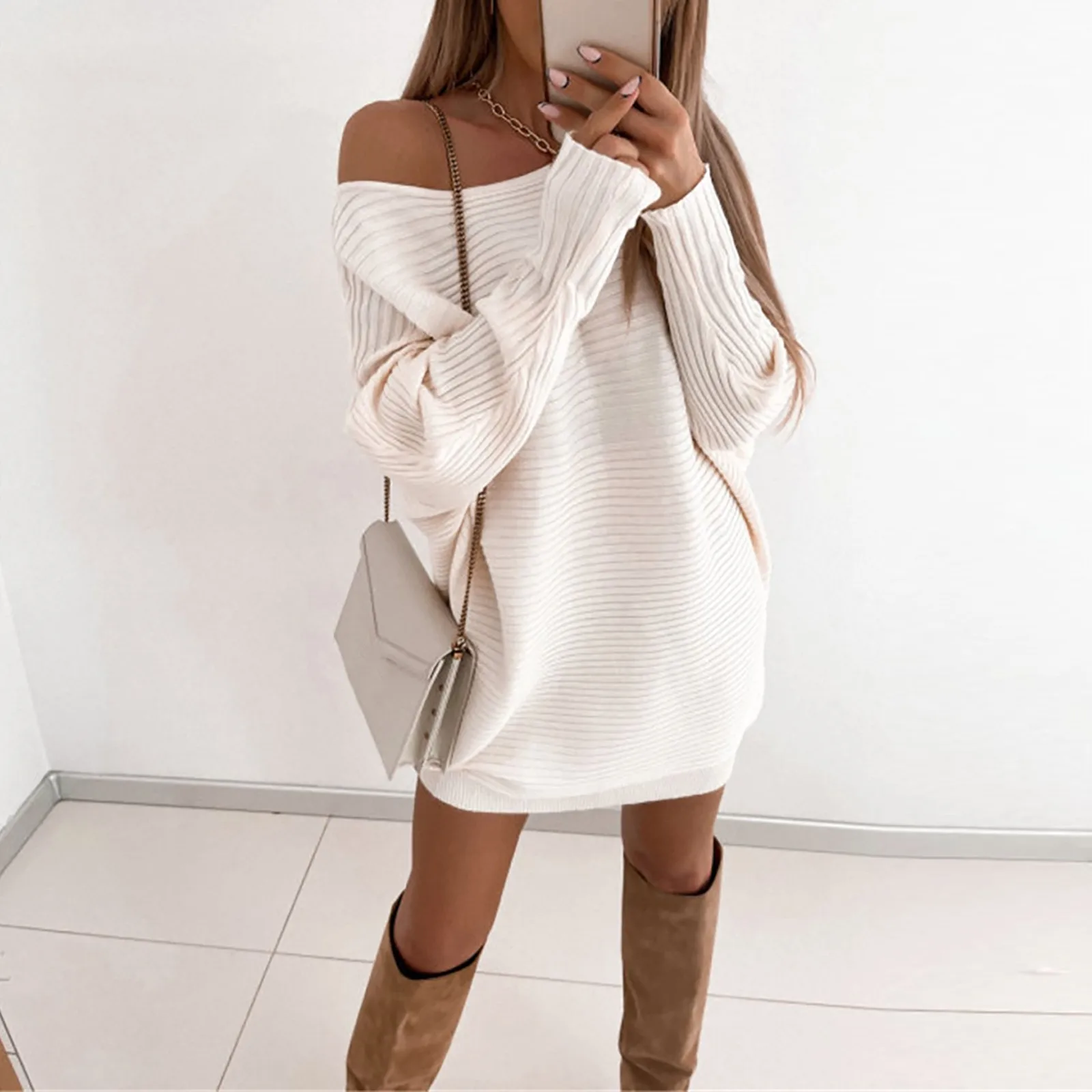 Sweet Winter Dress Anti-Shrink Sweater Dress Elastic Keep Warm Diagonal Neck Casual Long Sleeve Bodycon Mini Sweater Dress