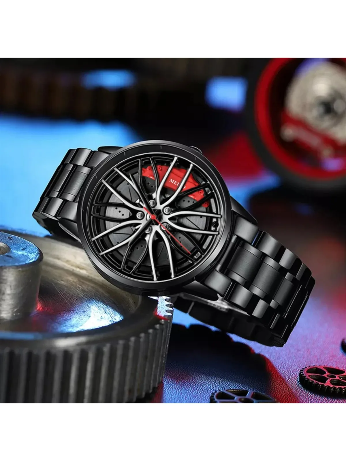 Montres de voiture pour hommes, montre-bracelet à Quartz étanche en acier inoxydable, montres de sport pour hommes avec conception de moyeu de jante de roue de voiture