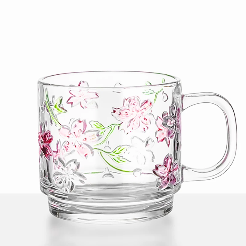 Creative Design Floral Glass Cup 460ml Transparent Stylish Carved Pattern Coffee Mug Home Use Breakfast Milk Juice Painted Cups