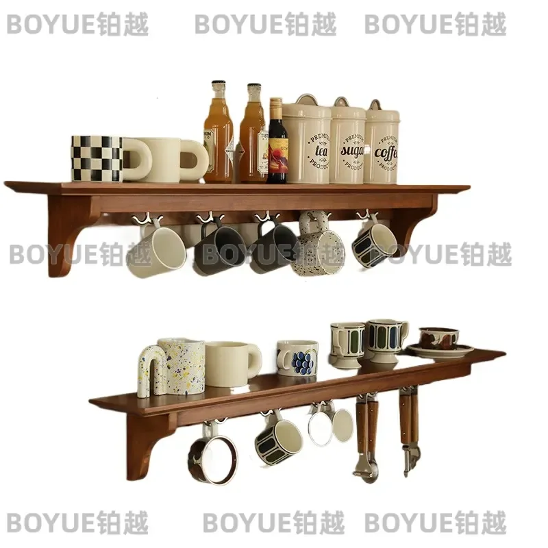 Vintage Cherry Wood Wall Shelf with Cup Holder French Style Log Baffle for Kitchen Restaurant Decor Rustic Floating Display