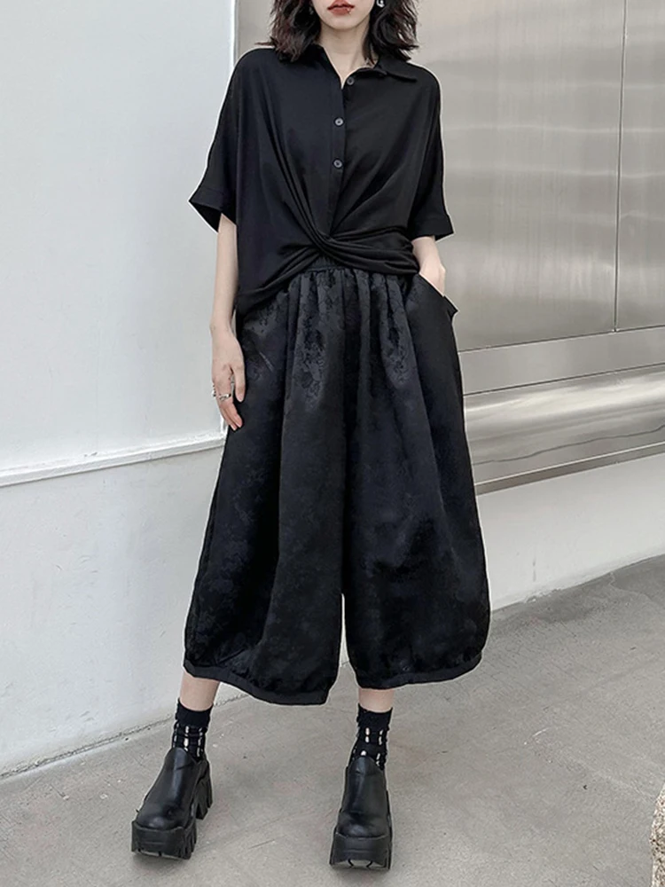 [EAM] High Elastic Waist Black Jacquard Casual Wide Leg Pants New Loose Trousers Women Fashion Tide Spring Autumn 2024 1DH4384