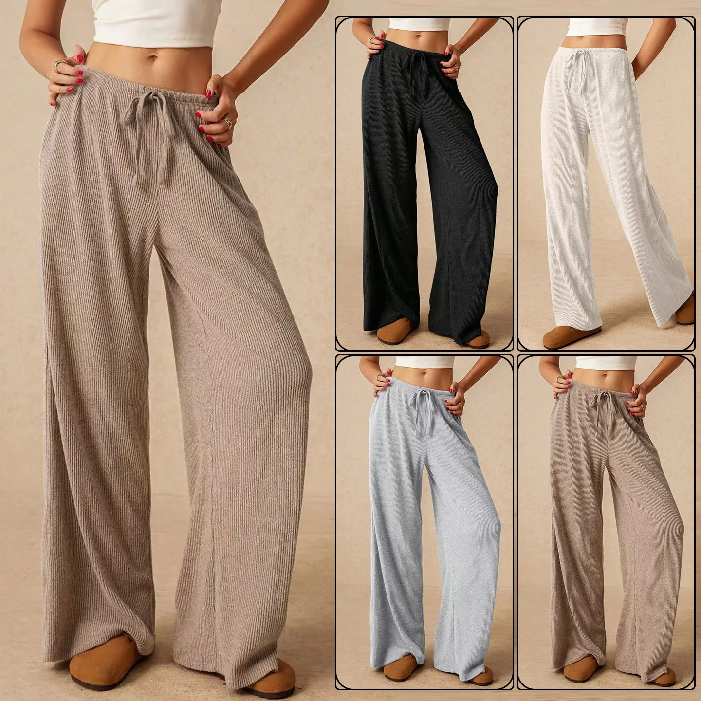 

Y2K summer women's solid color wide-leg pants casual loose drawstring elastic high waist straight breathable fashion trousers