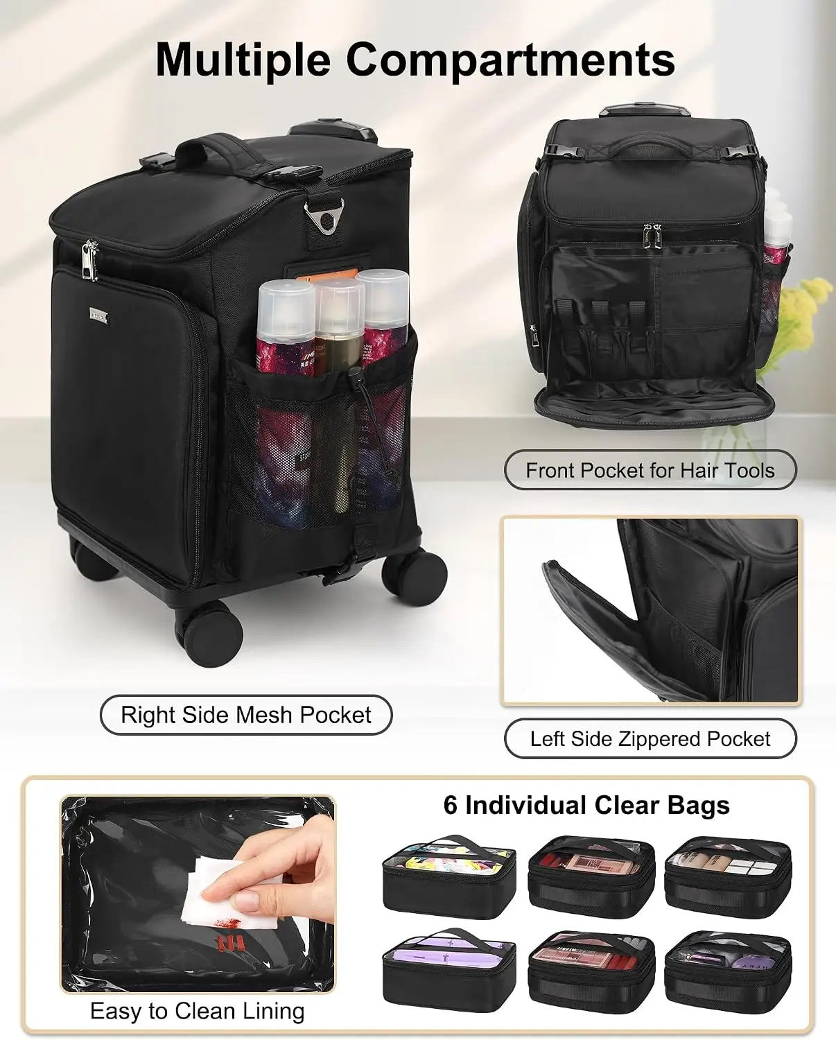 Rolling Makeup Case Hair Tools Travel Bag Cosmetology Case on Wheels with 6 Clear Bags, Professional Hairstylist view 6