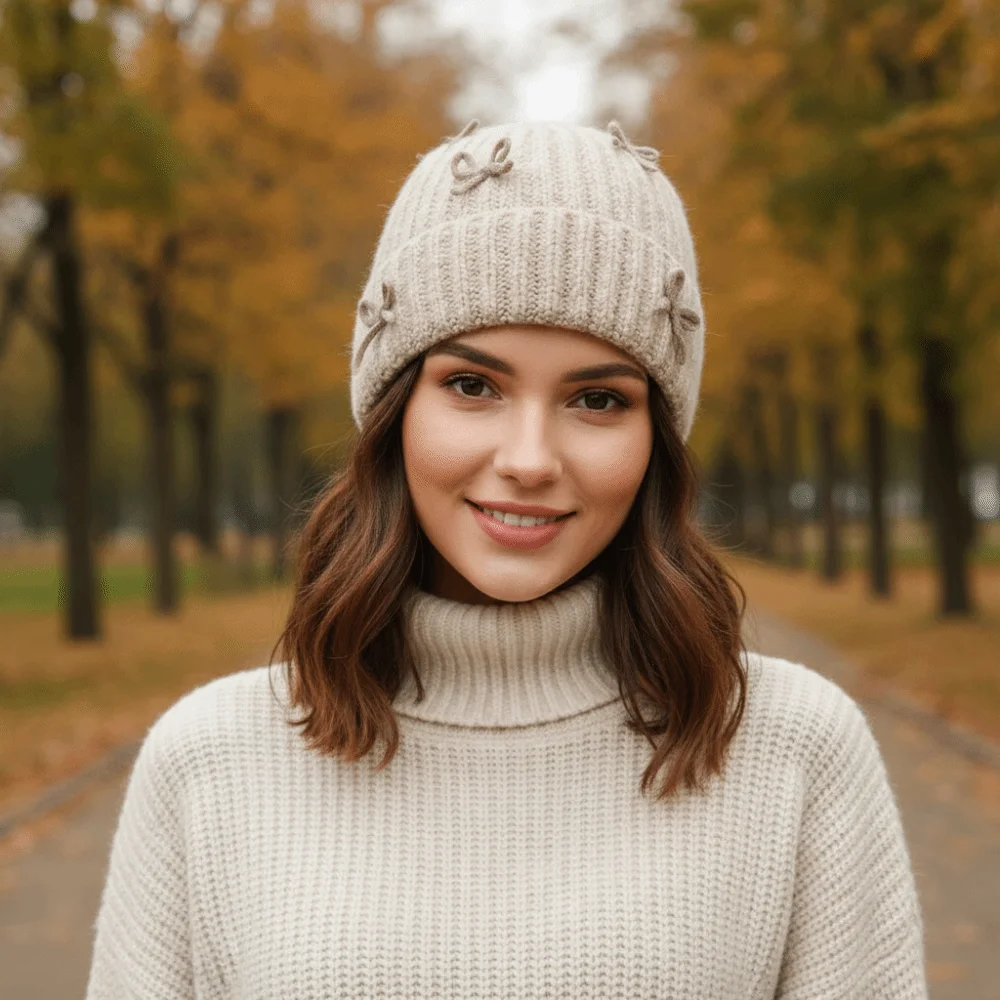 الرجعية سميكة قبعة صغيرة محبوكة قبعة Bowknot الكورية نمط الصوفية البلوز قبعة دافئة بلون الكورية الحلو القوس قبعة في الهواء الطلق #2