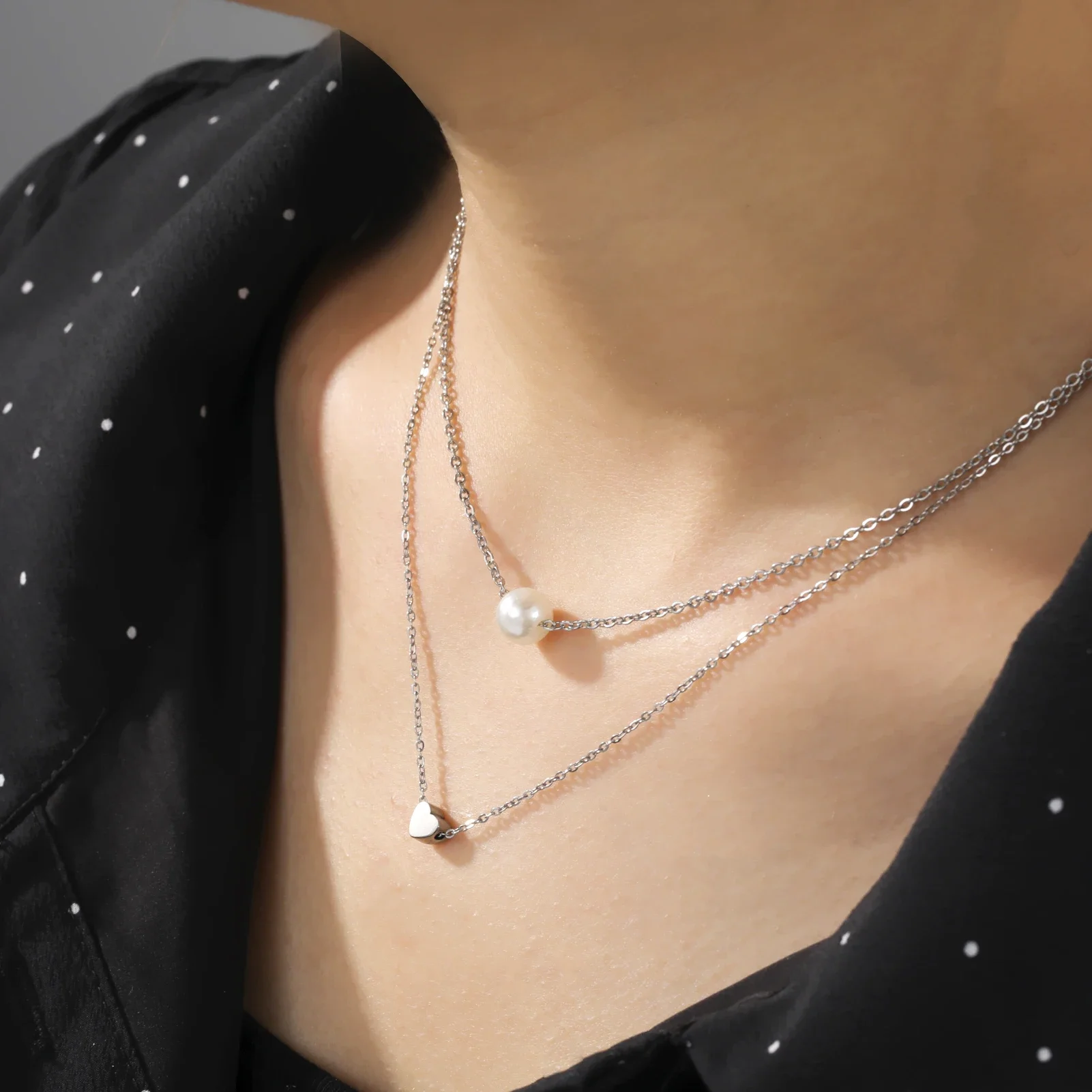 Skyrim Tiny Heart Choker Necklaces Stainless Steel Double Layered Beads Chain Necklace Women Aesthetic Jewelry Mother Day Gift
