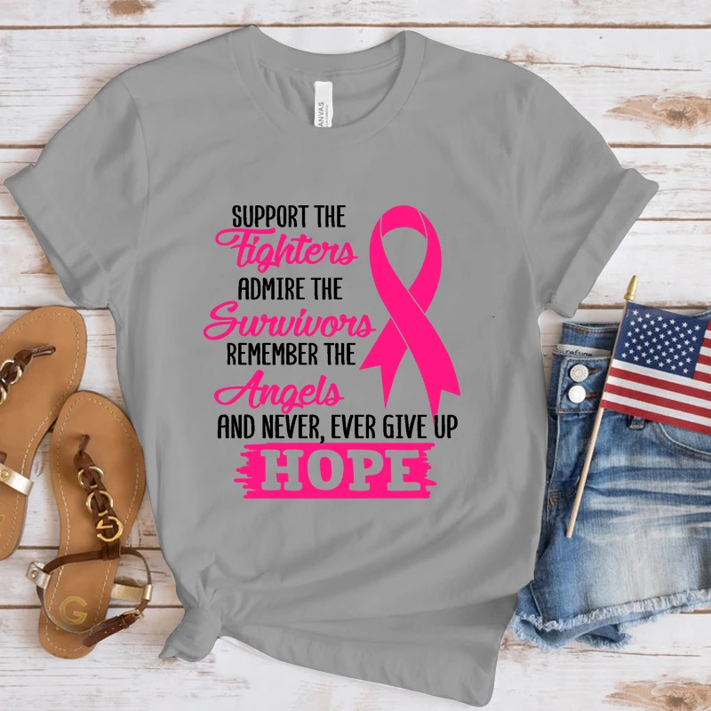 New Breast Cancer Awareness Support The Fighters Graphic Print Shirt Tees Summer T-Shirt Short Sleeve Fashion Personality Tops