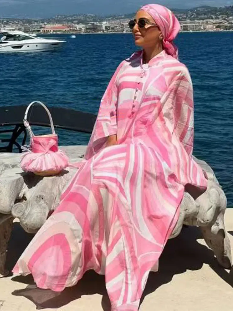 

Temperament wavy print stand-up collar bat sleeve loose slim dress female summer new loose holiday style long beach skirt