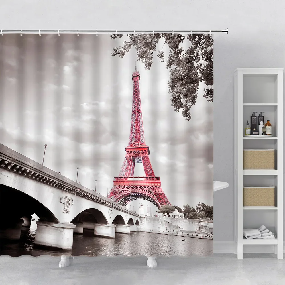 Paris Tower City Landscape Shower Curtain Set Hook Hanging Cloth Modern Home Decor Bathroom Curtain Polyester Fabric Bath Screen