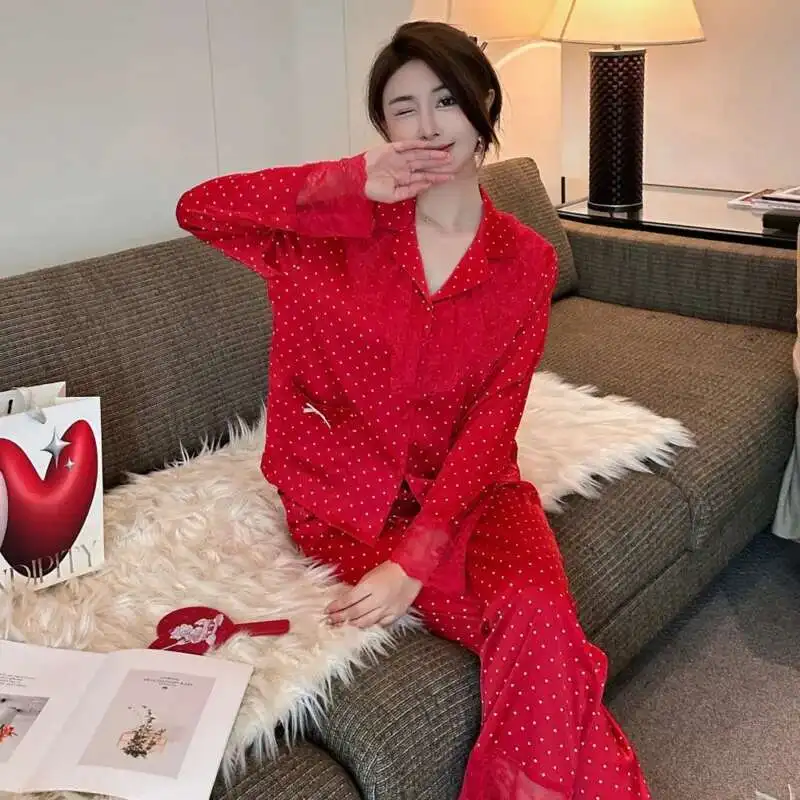 2024 Autumn Vintage Ins Style Women Pajamas Two Piece Ice Silk Red Dot Tiktok Nightgown Long Sleeves Pants High Quality Lace #5