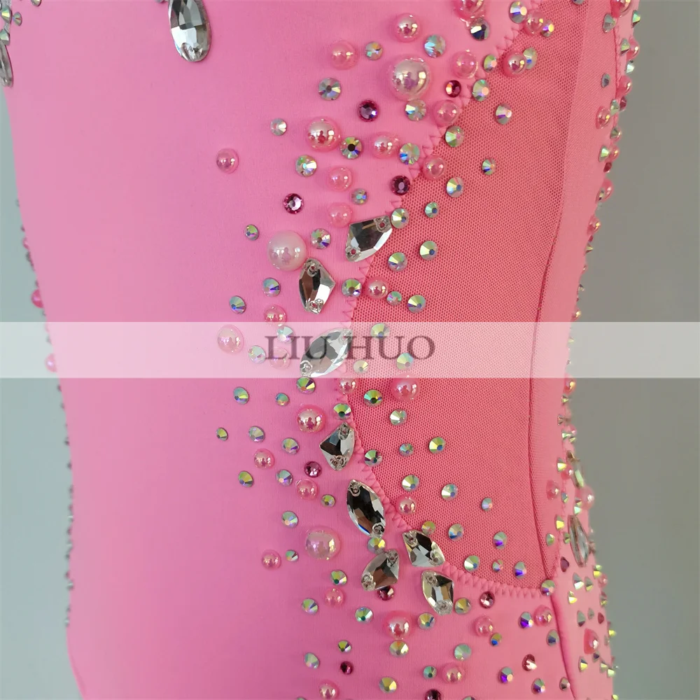 LIUHUO Rhythmic Gymnastics Leotard Aerobics Women Girl Costume Performance Competition Dance Dress Professional Sleeveless Pink