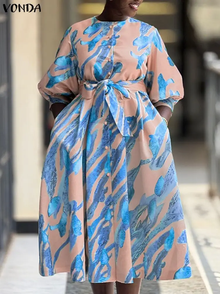 VONDA Plus Size Dresses Women Bohemian Print Midi Sundress Autumn 3/4 Sleeve Belted Casual Long Robe O-Neck Holiday Vestidos 5XL