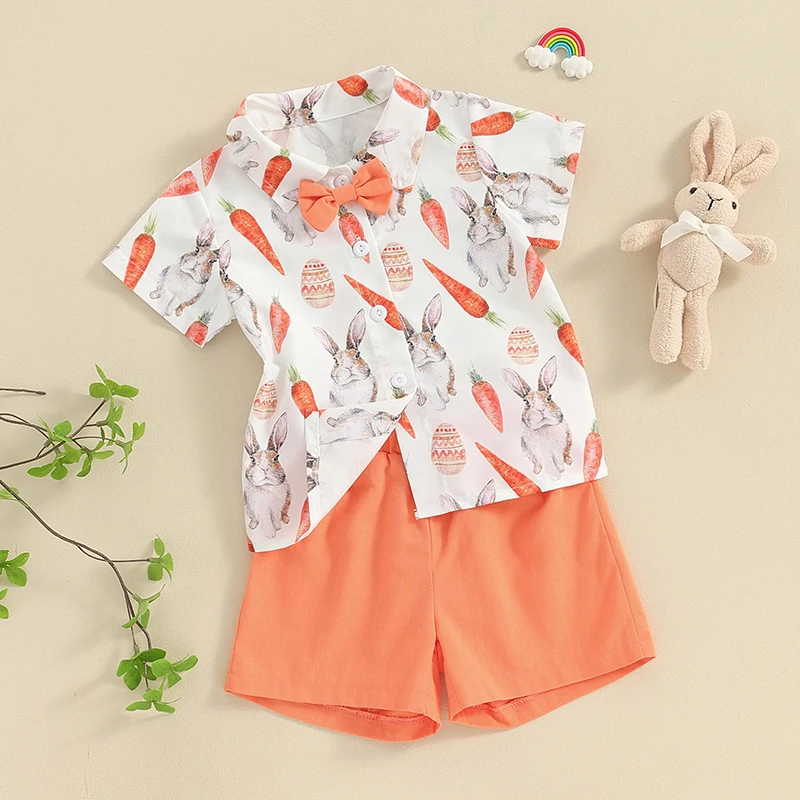 Toddler Baby Boy Easter Outfits Bunny Short Sleeve Button Down Shirt Shorts Set 2Pcs Summer Gentleman Clothes Sets