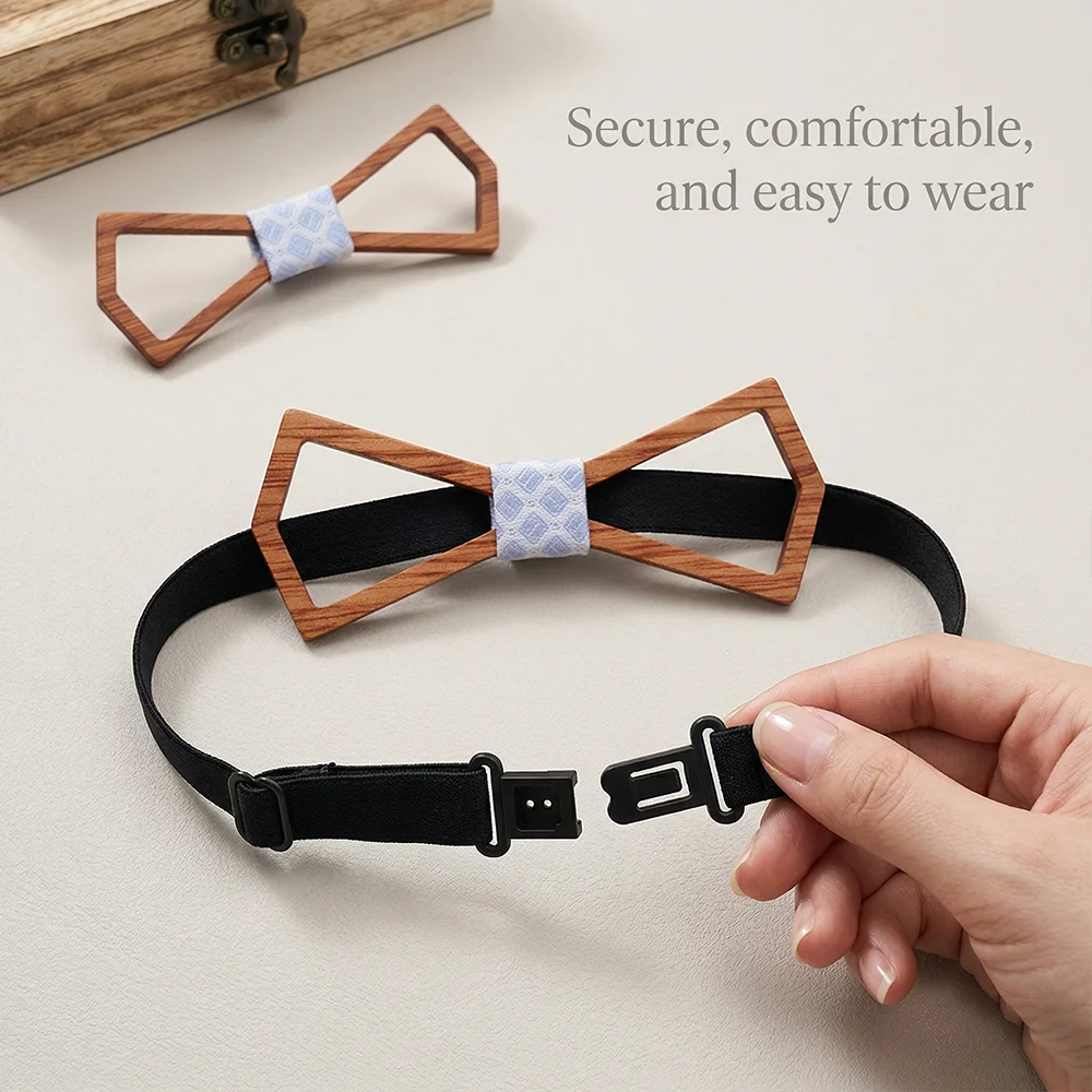 Handmade Wood Bowtie Gift Set Slim Open Frame Design for Men Wedding Groom Cufflinks Blue Check Pocket Square Formal Party