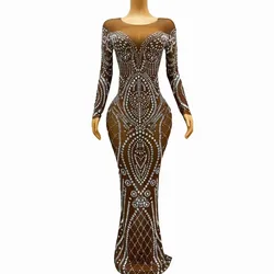 Sexy Brown Silver Crystals Mesh Dress Birthday Party Transparent Rhinestones Outfit Singer Performance Show Photoshoot Costume
