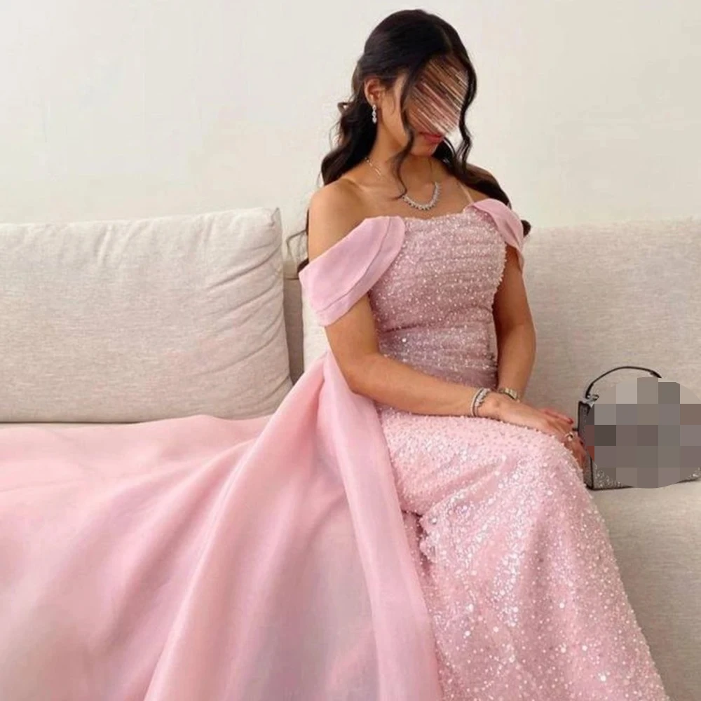 

Элегантные шифоновые платья для выпускного вечера с розовым бантом и скользящим шлейфом по индивидуальному заказу, с открытыми плечами и блестками, свадебные платья без рукавов для гостей