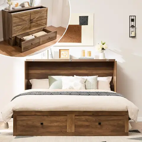 Full Murphy Bed with Storage & Charging Station | Barnwood Wood Murphy Cabinet, Farmhouse Foldable Platform Bed, Large Drawer, N