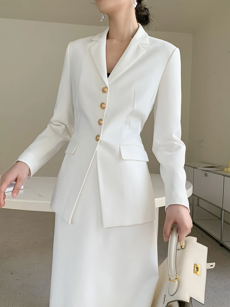 Women Long Sleeve White Suit Set For Spring Summer Office Lady Elegant Business Interview Workwear Skirt Suits Two Pieces Set