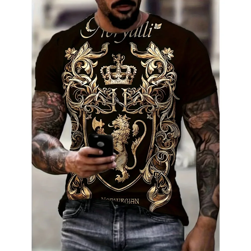 تي شيرت رجالي صيفي جديد على الموضة، قميص مسامي بتصميم تاج وأسد، ملابس مريحة مطبوعة ثلاثية الأبعاد في الشارع
