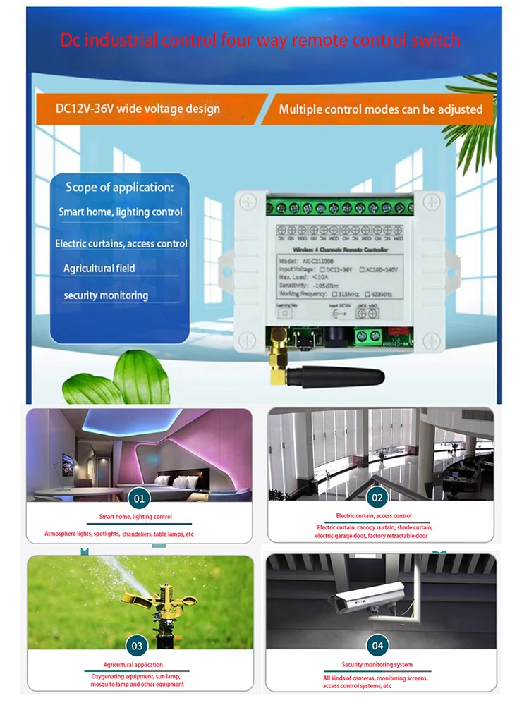 Smart Multiple DC 12V 24V 36V 10A 433 MHz 4CH 4 CH 4 Channel Wireless Relay RF Remote Control Switch Receiver+Metal Transmitter