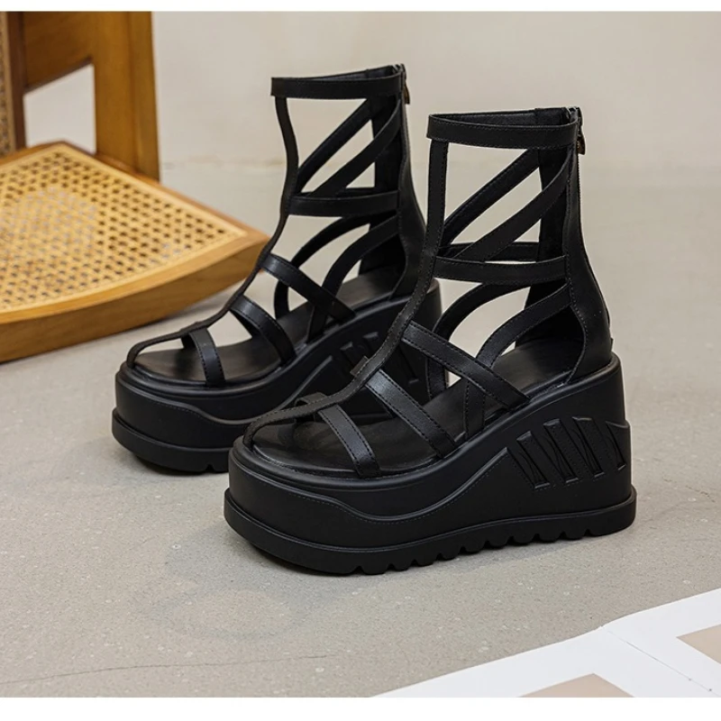 

Женская летняя плетеная обувь из натуральной кожи 10 см, туфли-лодочки, ботильоны в стиле панк, сандалии на платформе, на танкетке, на танкетке, с полой молнией