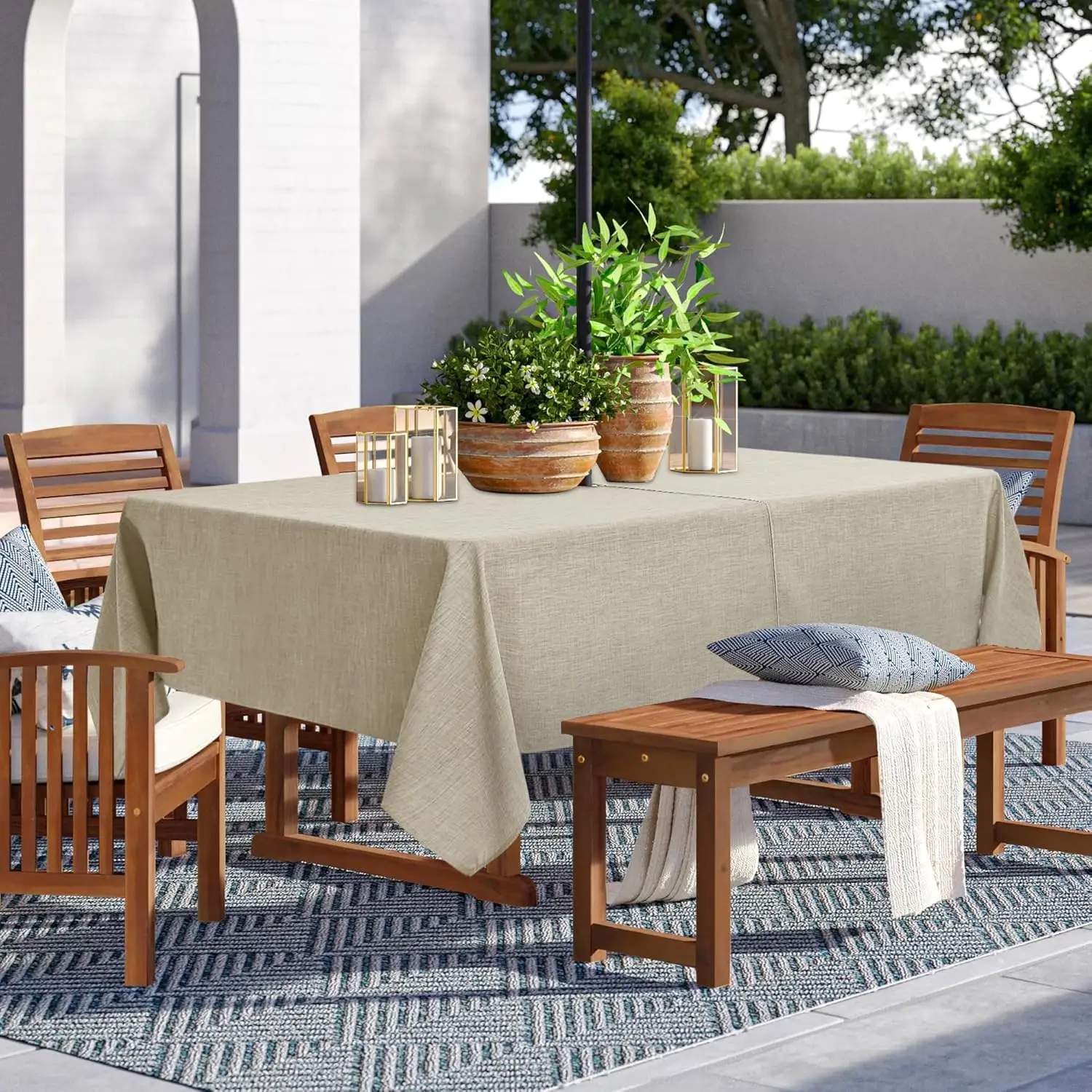 

Outdoor Tablecloth with Umbrella Hole - Patio Table Cloth Zippered Rectangle 60x84 Inch, Faux Linen Table Cover Water Resistant