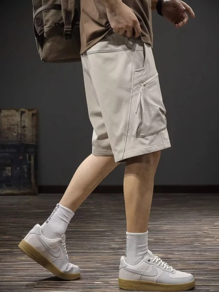 Men's Summer Casual American Retro Workwear Shorts with Zipper and Multiple Pockets Mid-Length Straight Cut