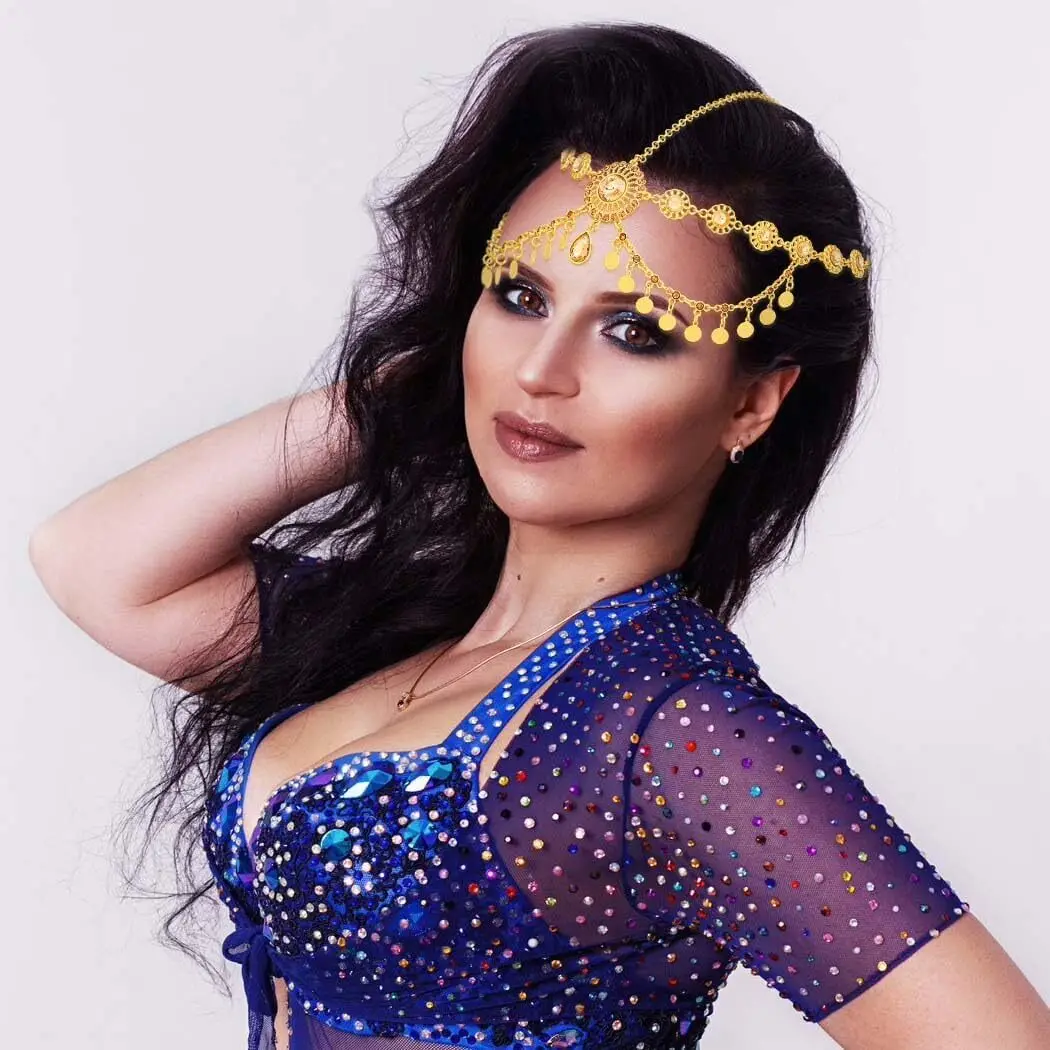 Egyptian Crystal Forehead Headpiece Gold Color Alloy Hollowed Rhinestone Coin Tassel Head Chain Women's Dance Accessories