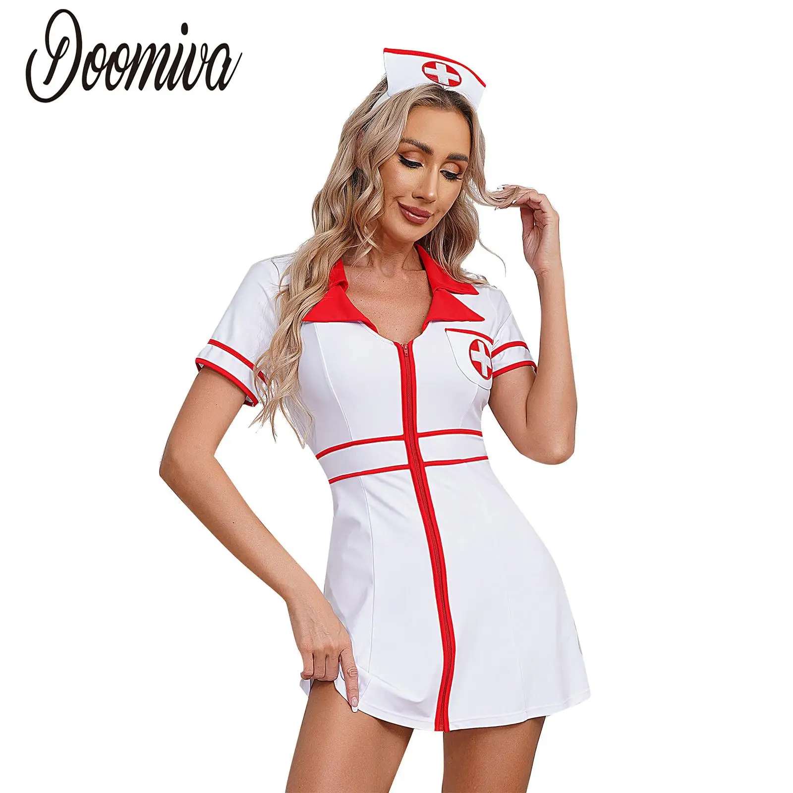 

Nurse Cosplay Costume Set for Women Short Sleeve Front Zipper Nurse Mini Dress with Headwear Uniform Carnival Role Play Party