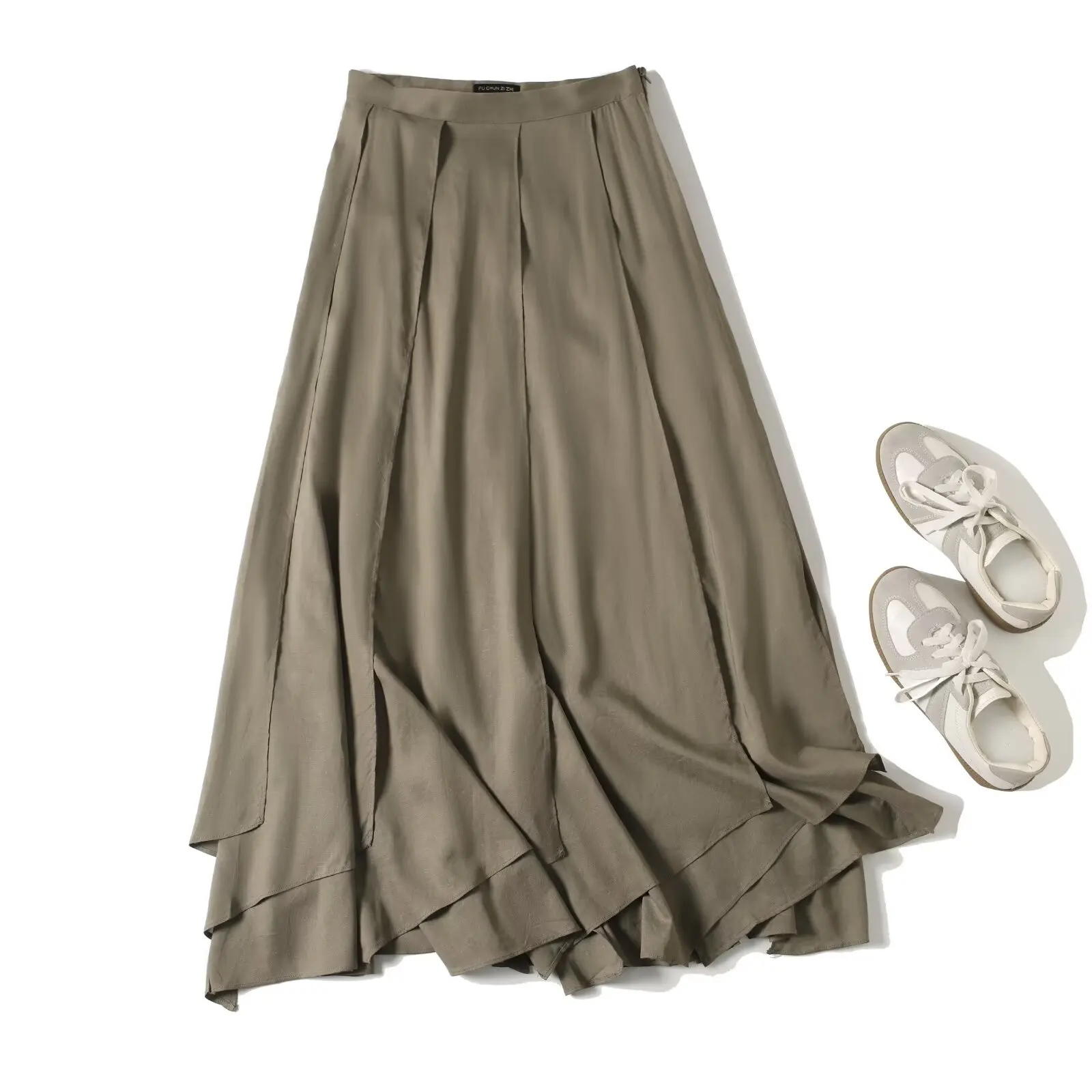 Dave&Di Fashion Office Ladies High Waist A-line Skirt Linen Viscose Blended Skirt Minimalist Army Green Pleated Skirt For Women