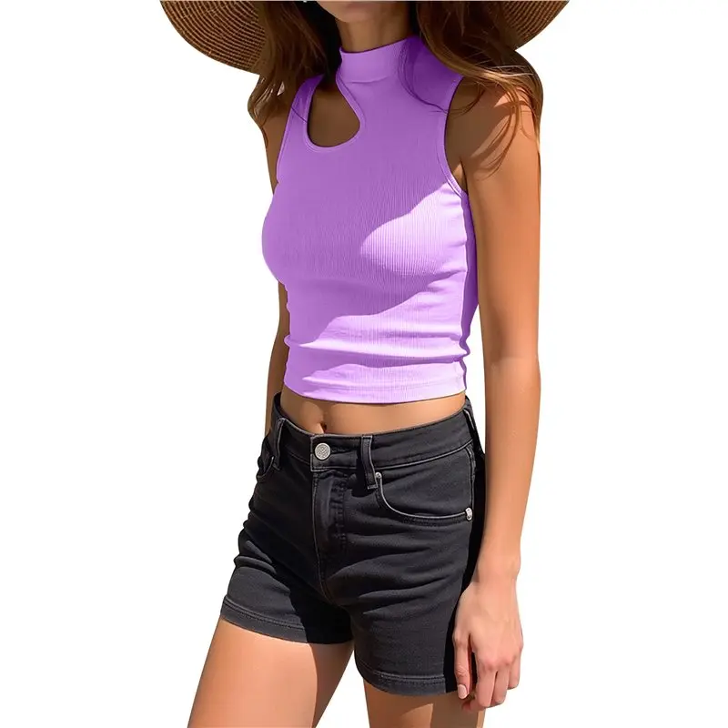 Womens Off Shoulder High Elastic Round Neck Sleeveless Tank Top Gym Workout Layering Slim Fit Wear Violet XL
