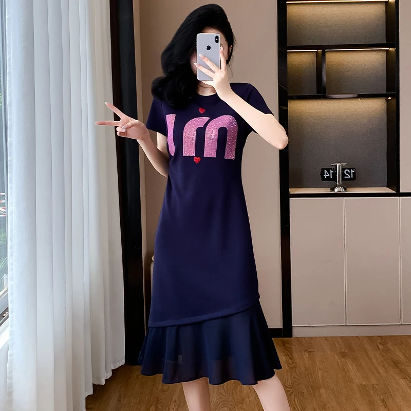 Women Cotton T-shirt Dresses Summer Female O Neck Short Sleeve Large Size Elegant A Line Navy Blue Slim Chiffon Ruffles Vestidos