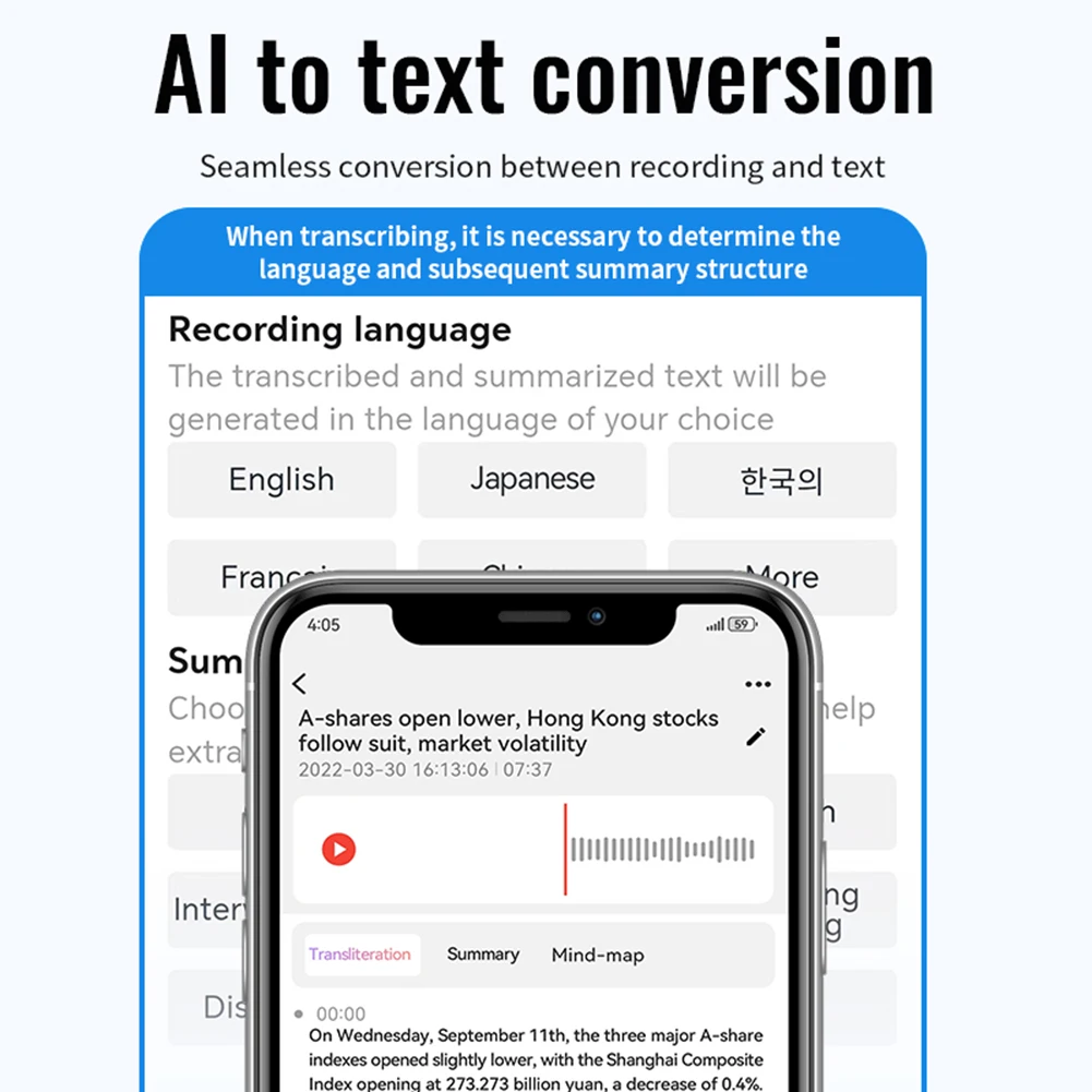 مسجل صوت AI مع النسخ والترجمة في الوقت الحقيقي مسجل صوت رقمي الإملاء لمقابلات اجتماعات المحاضرات