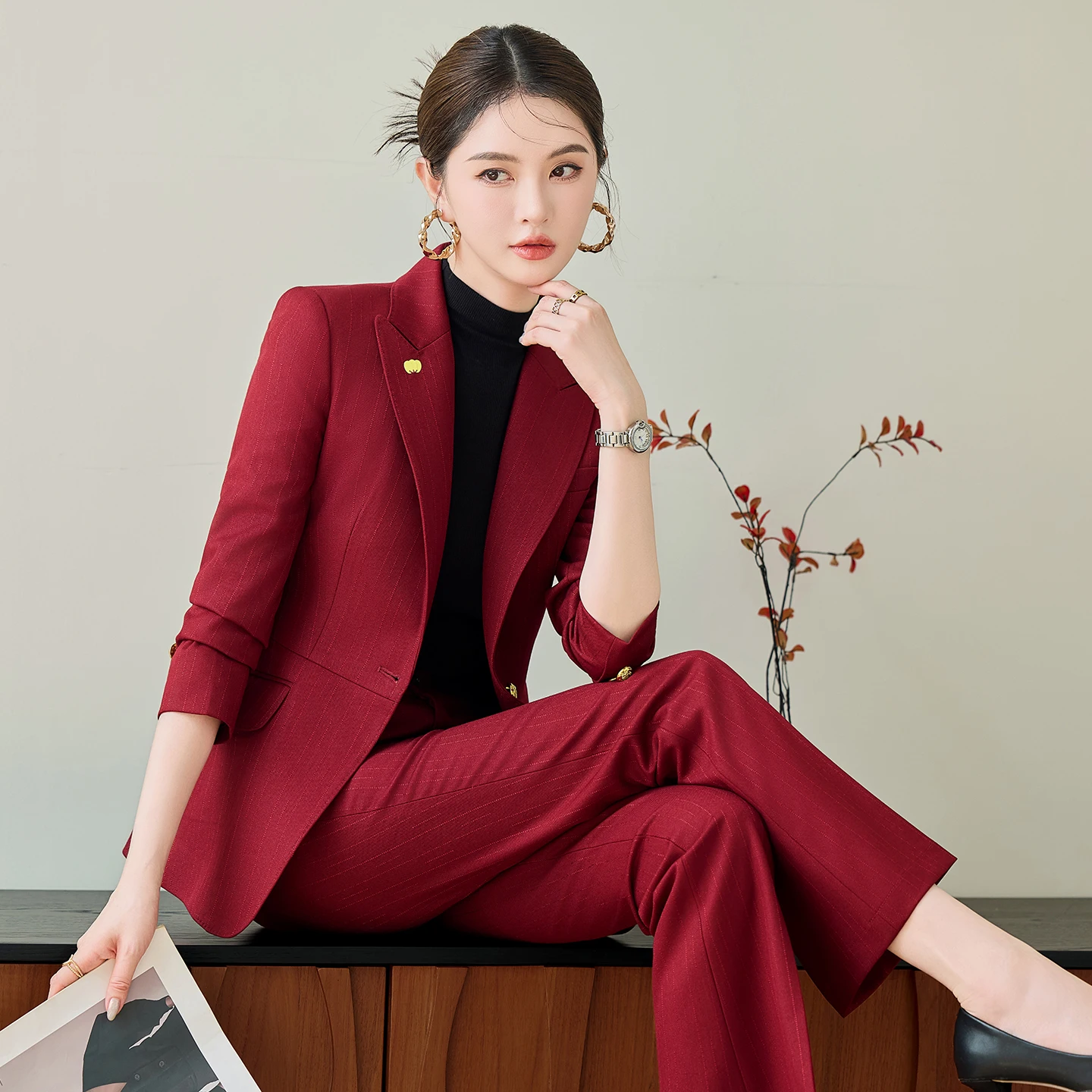 NAVIU أنيقة طويلة الأكمام السترة والسراويل دعوى جديد الخريف بسيط شريط التنقل الزي المرأة مزاجه ضئيلة ملابس العمل مجموعة