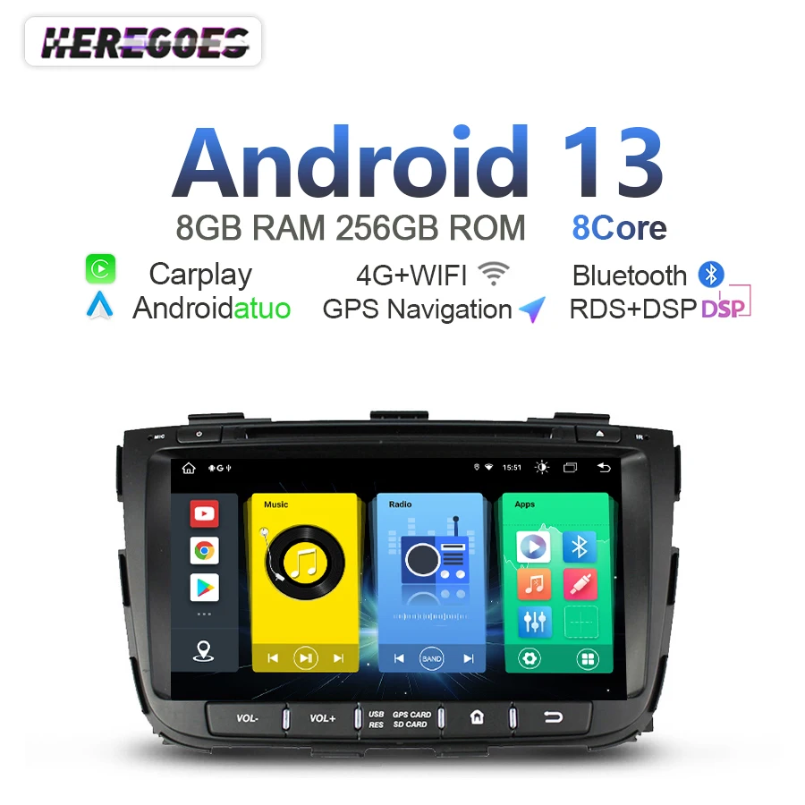 

Carplay 720P Auto Android 13 Car Radio Multimedia Player 8G+256GB navigation GPS autoradio Bluetooth For KIA SORENTO 2012-2018