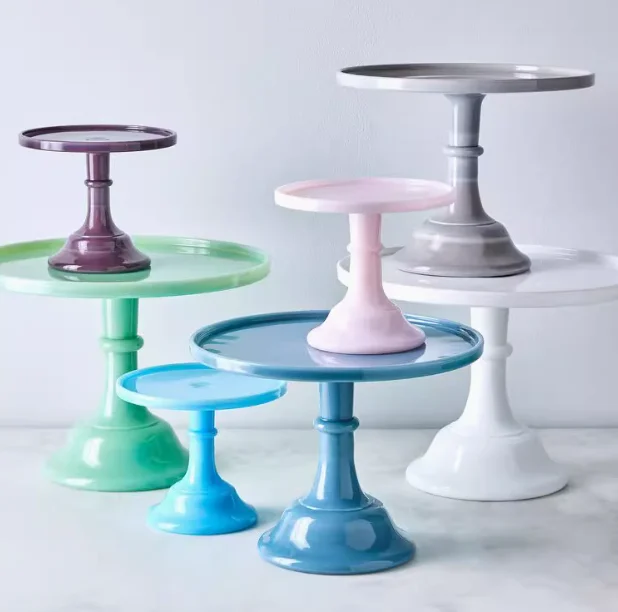 Milk glass cake high footed tray, pink, jade, blue, brand new in stock