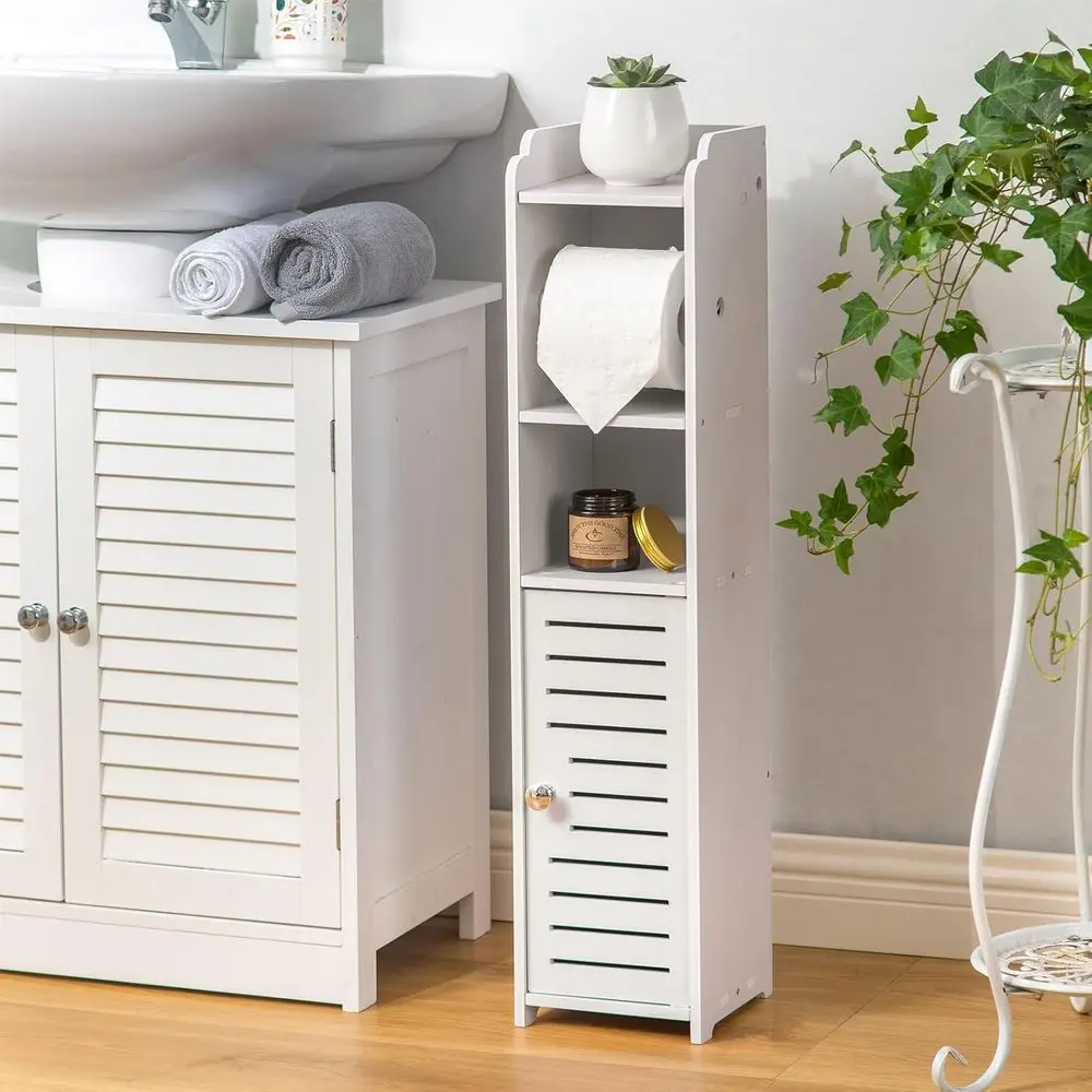 

Toilet Paper Holder Stand: No Drill PVC Small Bathroom Cabinet for Apartment Dwellers - Rental Deposit Protection - Small Space