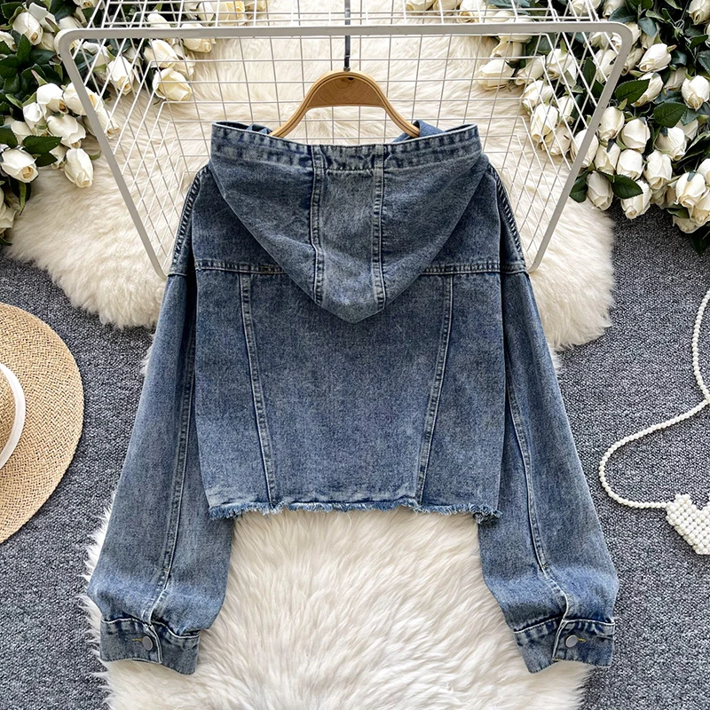 Autumn Winter Fashion Woman Denim Washed Distressed Retro Hoodie Genderless Street Female Casual Loose Denim Pullover Sweatshirt