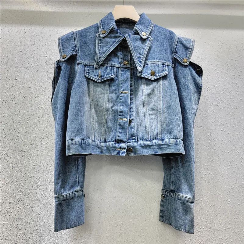 WTHT Trendy New Women's Off-shoulder Design Denim Coat 2024 Autumn Fashion Double Lapel Long Sleeves Jacket Female 1LS066