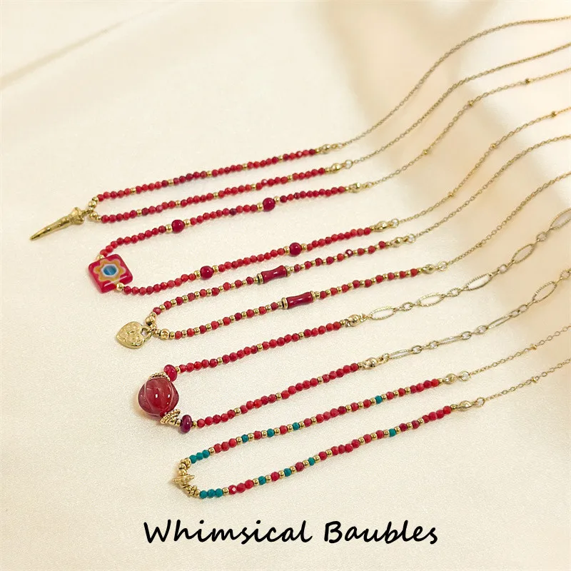 

Women's Vintage Red Natural Stone Beaded Necklace 18K Gold Plated Waterproof for Gift Heart Shape Wholesale