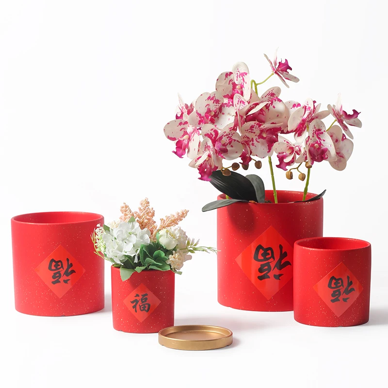 1pc New Year's Red Blessing Character Festive Chinese Ceramic Flower Pot Living Room Desktop Holder Hole in the Bottom