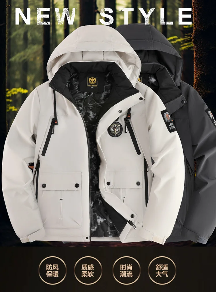 High-End Men's Winter Hooded down Jacket Windproof Warm Thick White Duck down Outdoor Top for Cold Weather
