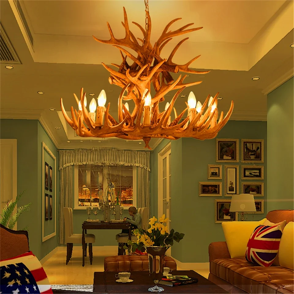 

Vintage Home Decor LED Chandelier Horn Rustic Ceiling Lamp Deer Resin Antler Restaurant Light Indoor Art Lustre Livingroom Retro