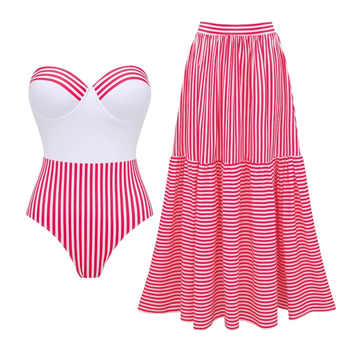 

2Pcs Striped Swimsuit Women Sexy Bikini Push Up Swimwear Ruffle Swim Suit Female Bandeau Biquini Cover Up Bathing Suit Beachwear