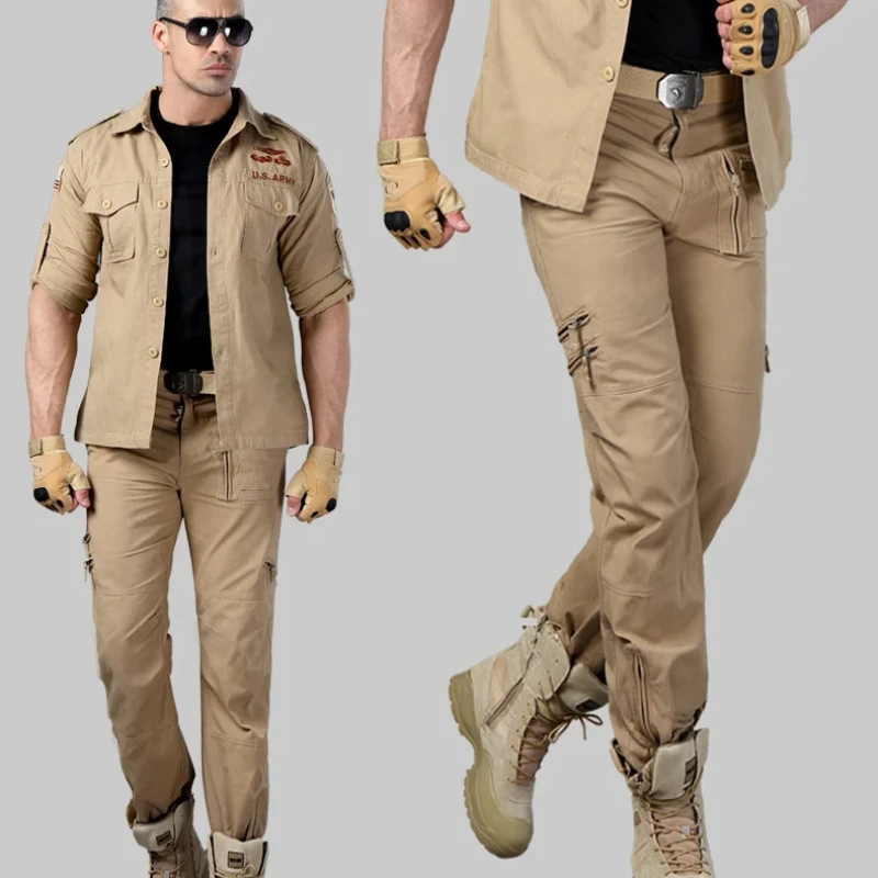 Men\'s Tactical Suit Lapel Breathable Short Sleeve Shirt Multi-pockets Wear-resistant Cargo Pants Cotton outdoor climbing Sets