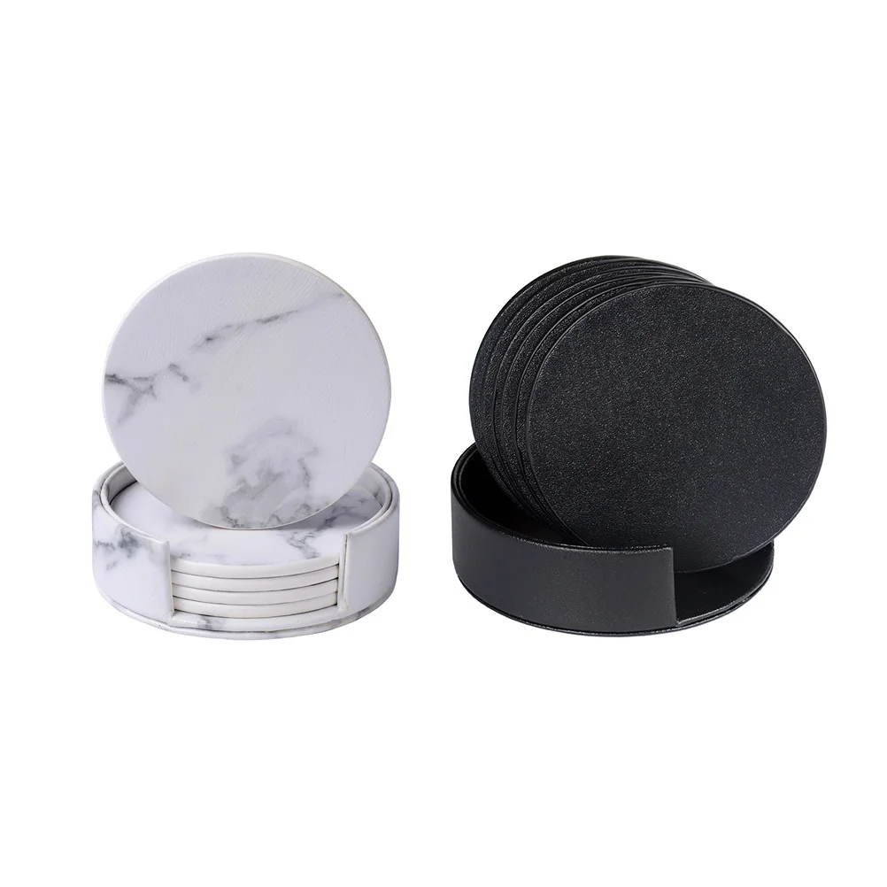 

7 pcs Round Pu Coasters Set Black Heat Insulation Drink Mat For Home Kitchen Car Cup Coaster Marble Style Placemat